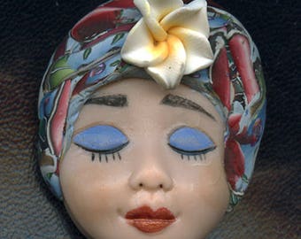 Polymer Clay One of a Kind Detailed Art Doll Face with abstract hatand porcelain flower. FAB 5