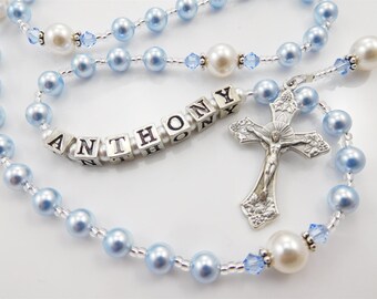 Baptism Rosary Beads in Blue and White Swarovski Pearls Personalized Gift - or First Communion, Confirmation