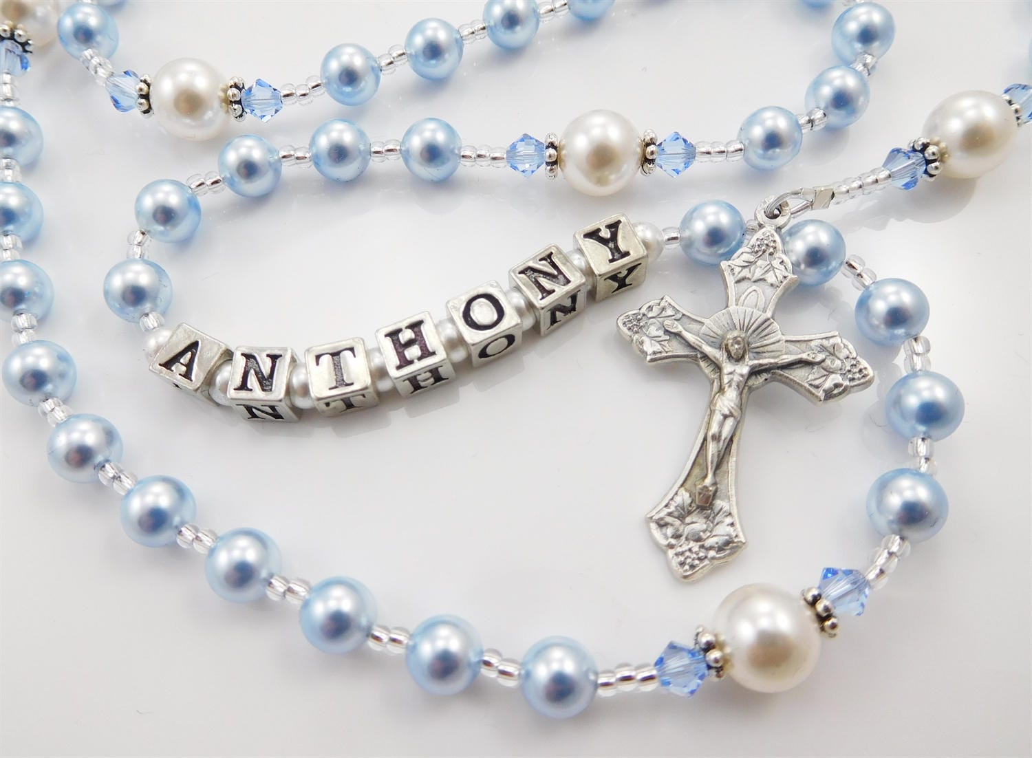 Baptism Rosary Beads in Blue and White Swarovski Pearls