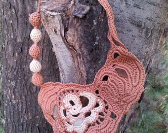 crocheted necklace handmade freeform, color peach, brick red
