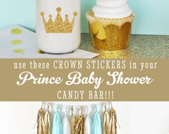 Royal Prince Baby Shower Cupcake Toppers DIY Crown Straws Stickers - Litte Prince Birthday Party Decor Stickers (EB3080) set of 24 stickers