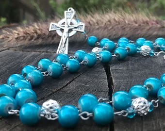 Catholic Rosary. Miracle bead Rosary. Turquoise, teal, Catholic Rosary. Turquise prayer beads. Teal prayer beads. Turquoise Rosary. Teal.