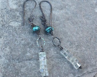 AQUAMARINE and TURQUOISE Earrings, woven earrings, blue gemstone jewelry, AngryHairJewelry