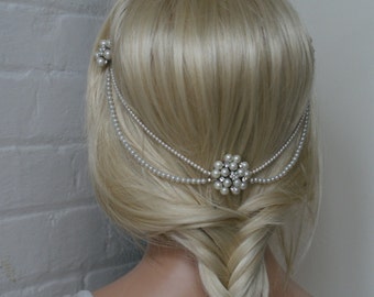 Wedding Headpiece with pearls - pearl hair comb bridal hair accessory - bohemian headpiece - back of head hair drape