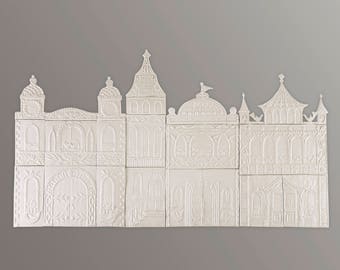 handmade porcelain wall tile panel - four buildings