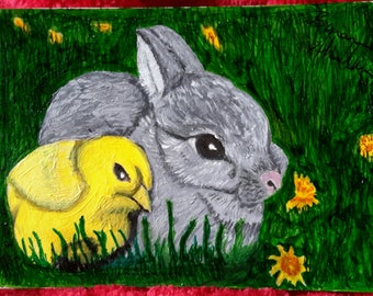 Bunny and chick (aceo) miniature painting