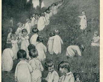 Vintage 1930's Child's Story Book Illustration, Print, Land of Nod, Children Climbing Hill to Dreamland
