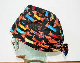 Dachshunds in Sweaters on Black, Weiner Dogs, Animals Scrub Cap, Surgical Cap, Vet Tech, Women's Tie Back Hat, Scrub Caps By Daisy