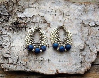 Beaded Statement Earrings - Bead Weaving Jewelry - Silver Galvanized Round Dangles - BOHO