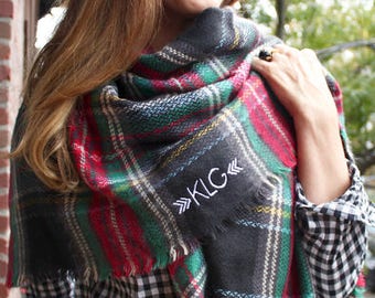 Monogrammed Blanket Scarf - Black Tartan