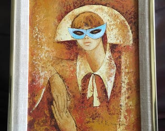 Vintage Mid Century Modern Painting Iconic 60s Image of Woman with Blue Mask Harlequin Jester Style
