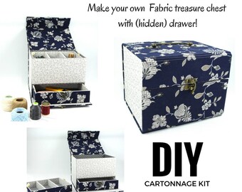 Fabric treasure chest with hidden drawer DIY kit, cartonnage fabric box kit, fabric covered diy box (DIY kit 155), exclusive book kit