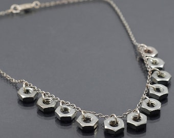 Hardware Jewelry- Upcycled Modern Silver Hex Nut Choker, Urban Geometric Necklace, Contemporary Jewelry, Hex Nut Necklace Industrial Jewelry
