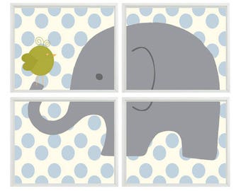 Elephant Nursery Wall Art, Baby Boy Nursery Art, Elephant Bird Print, Nursery Decor, Polka Dot, Nursery Prints, Elephant Print, Baby Gift