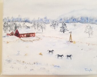 8 x 10 Oil on Canvas, Country painting, snow painting, Oil Paintings, Winter Paintings, Barn Paintings, horse paintings