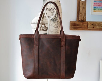 Leather tote bag, distressed leather purse, leather shopper, leather purse with zipper, leather handbag, tote bag