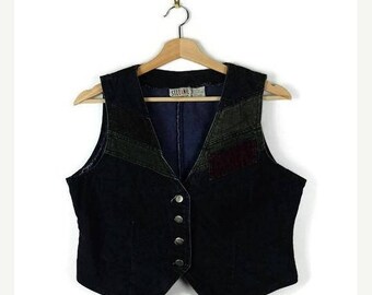 ON SALE Vintage Black/Green/Brown Color blocked Denim Vest from 80's