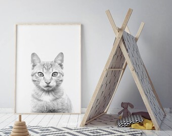 Cat Nursery Print, Baby Girl Wall Art, Cat Lover Gift, Girl Nursery Cat, Pet Print, Grey Cat Print, Animal Printables, Babies Room Poster