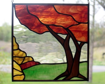 Stained Glass Fall Tree, Autumn Tree, Landscape, Stained Glass Panel, Fall Colors, Stained Glass Window, Glass Art