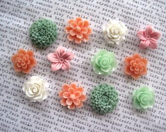 Cabochon Flowers, 12 pcs Resin Flower Cabochons in Pastels, Resin Roses, Dahlias, Sakura, Perfect for DIY Jewelry Projects