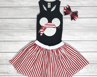 Pirate Minnie Shirt, Skirt, & Bow Set, Cruise Outfit, Girls' Outfit, Minnie Pirate Outfit, Disney Cruise