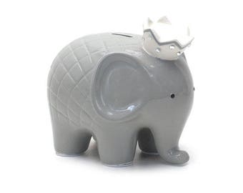 Personalized Hand Personalized Large Grey Elephant Bank Baby's 1st Christmas Flower Girl Ring Bearer Christening, Baptism Birthday, Newborn