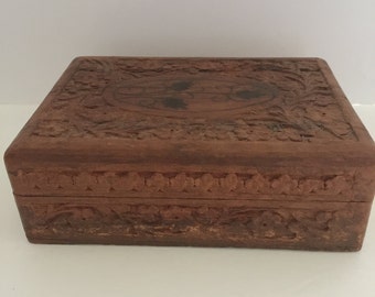 Hand Carved Wood Keepsake Trinket Box Wooden Flower Pattern INDIA