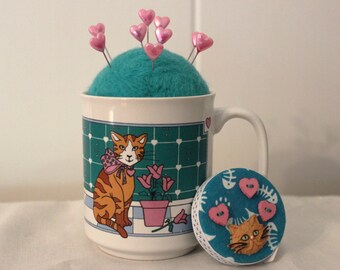 Cat With Tulips Mug Wool Felt Pincushion and Matching Retractable Tape Measure Set