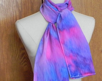 Long silk scarf hand dyed in shades of blue, pink, and lavender crepe de chine scarf # 580 ready to ship