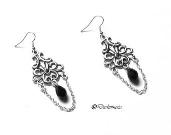Earrings, drops, crystal, black, goth, gothic, baroque, victorian
