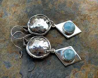 Big Earrings. Bold Rustic Hammered Sterling Silver Discs & Larimar on Silver Diamonds . Southwest Boho Tribal Style Jewelry