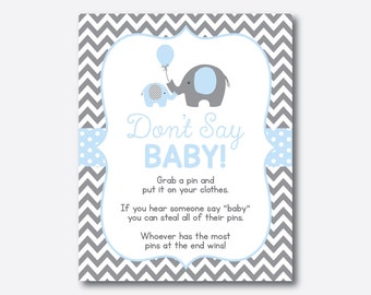 Instant Download, Elephant Don't Say Baby, Diaper Pin Clothes, Elephant Baby Shower Pin Game, Blue Gray Chevron, Little Peanut, Boy (SBS.35)