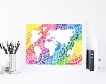 World map - World Map Print - Mandala Wall Art - Wall Art - Home Decor - World Map Art - World Map Poster - Large World Map - World Map