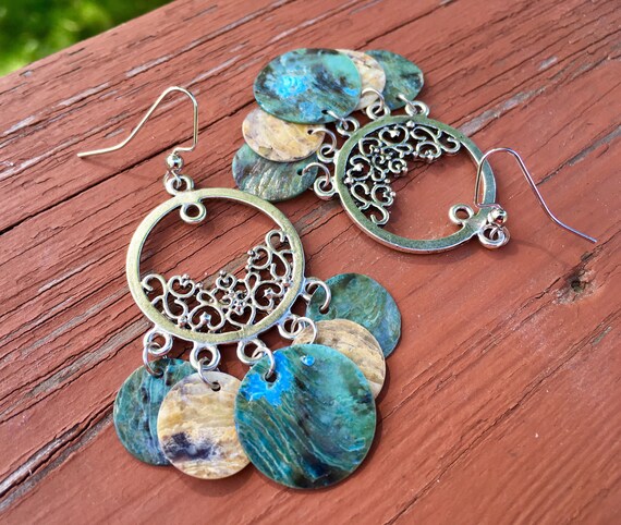 Light Blue & Natural "Simply Chandelier" Mussel Shell Earrings