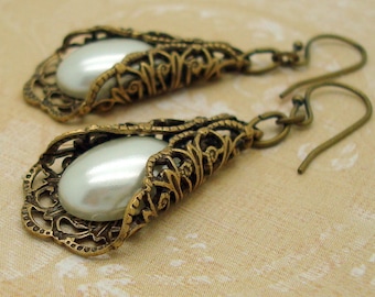 Pearl Filigree Earrings in the Vintage Style with Cream Man-made Cabochons