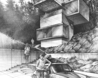 house drawing original pencil artwork architecture art perspective drawing architectural sketch realistic drawings modern home decor sketches t58 architectural