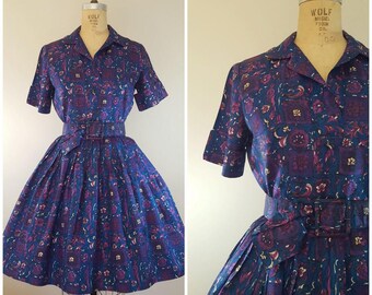 Vintage 1950s Dress / Blue Purple Day Dress / Spector & Shanler / Floral / Short Sleeve / Small Medium