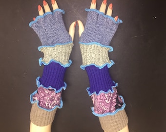 Katwise Pattern Finger-less Gloves, Arm Warmers, Drive Warm Gloves, Handmade Upcycled Sweaters, One Size Cotton, Unique fashion