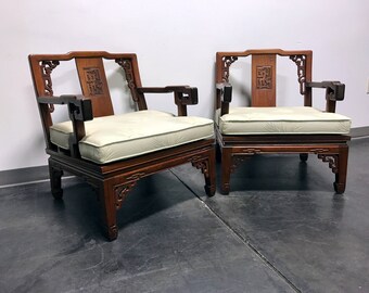 Asian Korean Carved Mahogany Lounge Chairs Made in Korea - Pair
