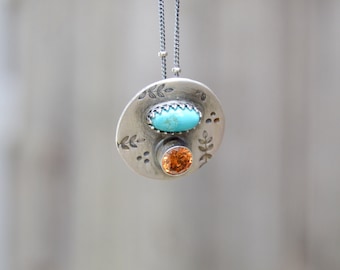 Kingman Turquoise Sterling Necklace. Faceted Amber Crystal. Handmade . Gem Stones . Fine Silver . Rustic . Earthy . Boho .