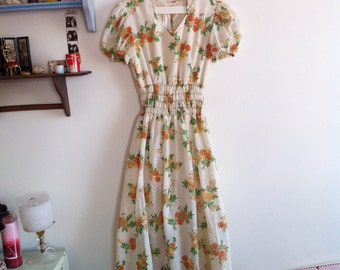 70s cream long dress, cute orange & yellow floral print / xsmall - small