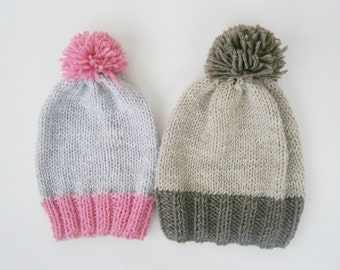 Set of 2 girls knit hat girls hats boys knit hat knit hat pompom hat pompom knit hat slouchy hat girls hats toddler knit hats Custom Colors