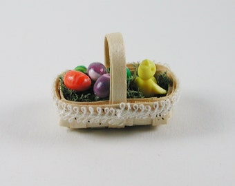 Easter basket with chicks, colourful eggs in miniature, for the doll house at a scale of 1:12