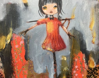 Her Big Debut 8"x 10" Original ART - Jen Herling, scare crow, whimsical art, portrait, bird, crow, animal art