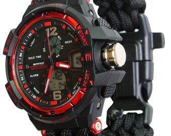 Paracord Survival Watch Bracelet With Compass Flint Fire Starter Whistle