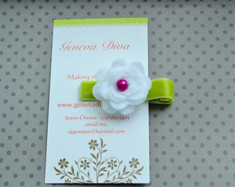White Felt Rosette Flower Clip with Pink and Lime accents