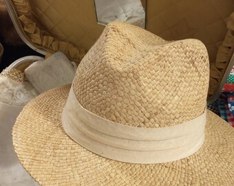 Vintage Straw Hat with Linen Ribbon