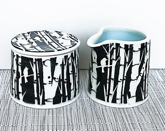 Black and White Sgraffito Carved Birch Tree Sugar and Creamer Set