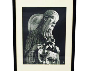 Vintage Framed Black and White Religious Print Jesus and Lamb