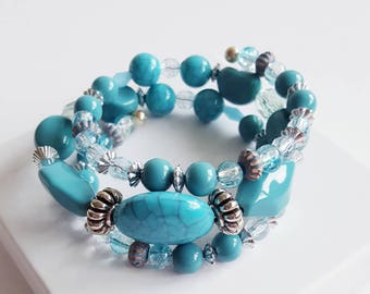 Turquoise wrap bracelet, beaded wrap bracelet, boho wrap bracelet, turquoise bracelet silver, turquoise boho bracelet, beaded bracelet stack